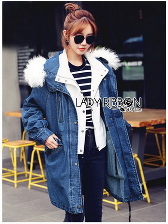 Chic Lady Ribbon Fur-Hood Denim Jacket
