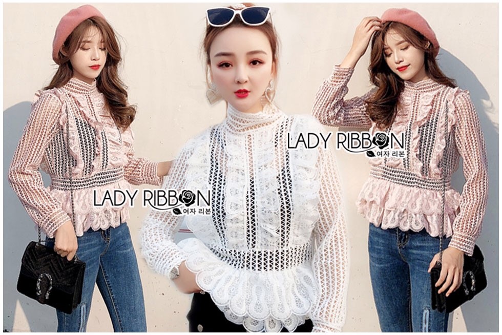 เสื้อแขนยาวคอสูงผ้าลูกไม้ตกแต่งระบาย