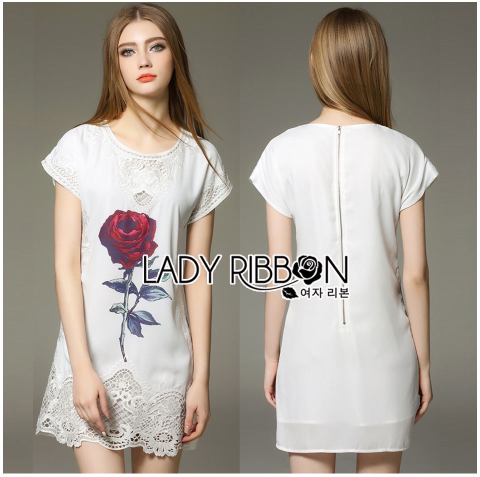 ladyribbon Lady Ribbon เสื้อผ้าพร้อมส่ง เสื้อผ้า Lady Ribbon พร้อมส่ง เลดี้ริบบอน Lady Ribbon's Made 🎀 Lady Alina Red Rose Printed Chiffon and Lace Mini Dress in White