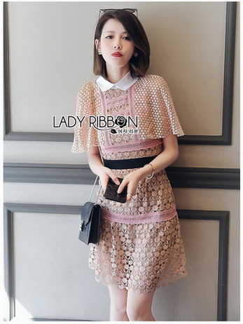 Lady Maria Preppy Feminine Collared Pink Lace Dress