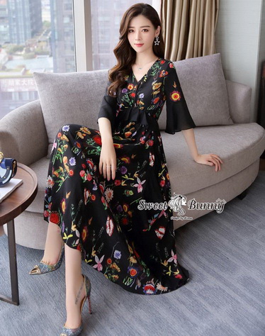ชุดเดรสดอกเกาหลีผ้าชีฟองลายดอก