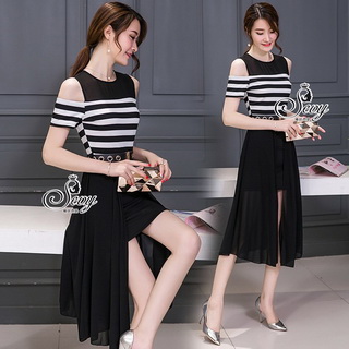 Sevy Strips Cut Shoulder Chiffon Open Leg Dress