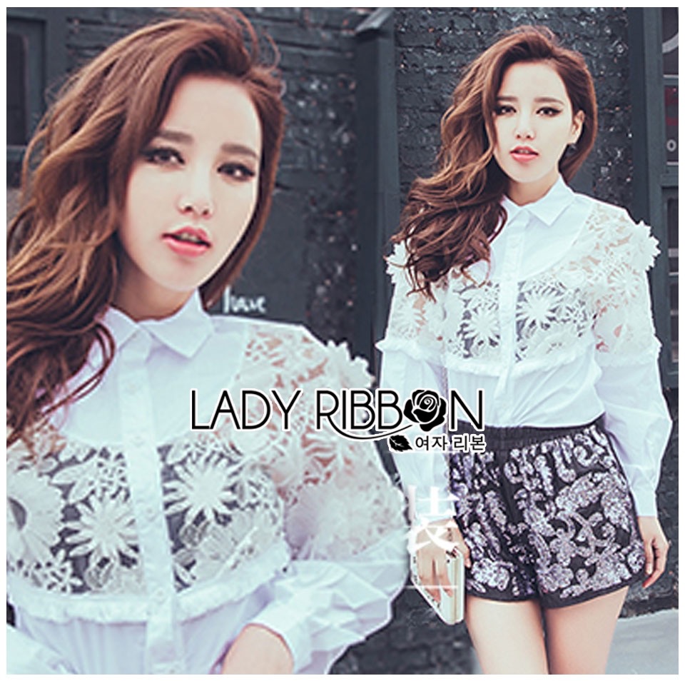 Lady Ribbon Online Lace Cotton Shirt ออนไลน์ เชิ้ตผ้าคอตตอนตกแต่งผ้าลูกไม้ซีทรูสไตล์มินิมัล