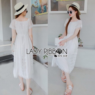 LR02220816 🎀 Lady Ribbon's Made 🎀 Lady Emilia Bohemian Off-Shoulder Embroidered Cotton Lace Maxi Dress เ