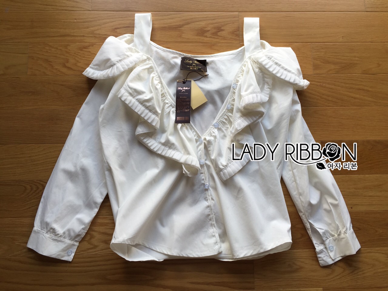 Lady Ribbon Natalie Sexy Off-Shoulder Ruffle Cotton Top เสื้อผ้าคอตตอนแท้