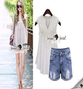 Lace Shorts Sets งานเซ็ทลุคสาวเก๋สบายๆ แบบชิลล์ๆ ตัวเสื้อสวยหวานสไตล์สาวเกาหลี