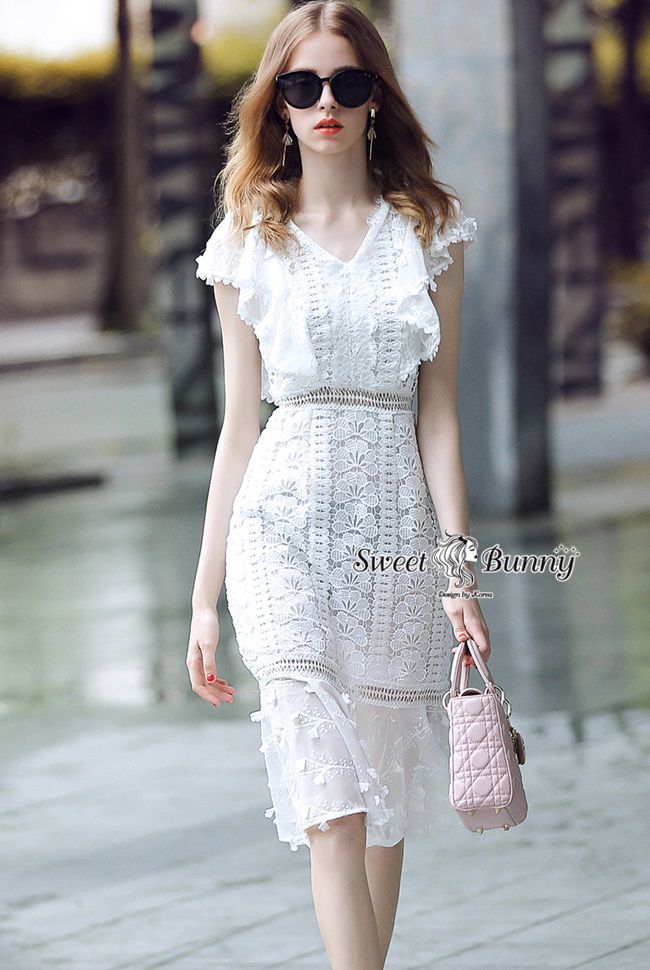ชุดเดรสลูกไม้เกาหลีผ้าลูกไม้สีขาว