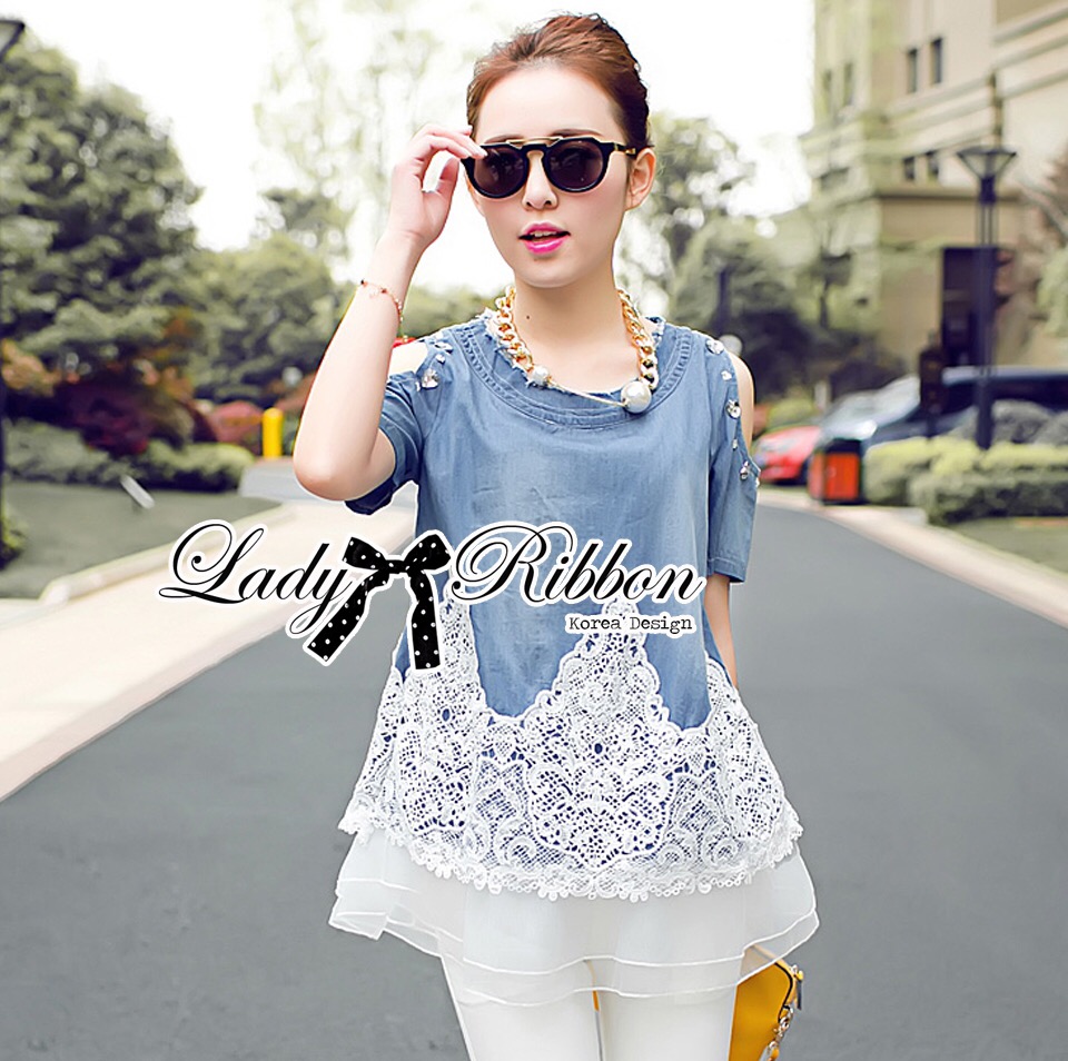Lady Ribbon's Made Lady Carrey Crystal Embellished Cut-Out Shoulder Insert Lace Denim Set เซ็ตเสื้อยีนส์แขนสั้นคัทเอาท์ไหล่ตกแต่งคริสตัล พร้อมส่ง