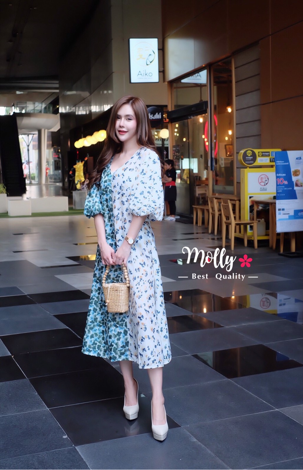 dress ทูโทนลายหว่นๆ แขนพองคิ้ว