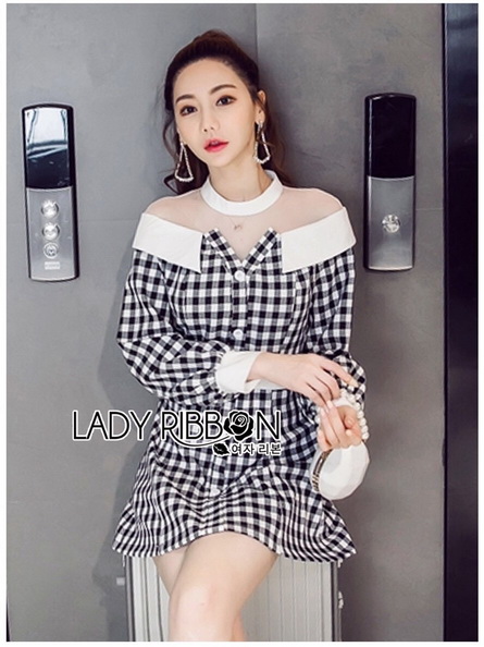 เชิ้ตเดรสผ้าลายสก็อตสีขาว-ดำ ลุคนี้ดีเทลเก๋