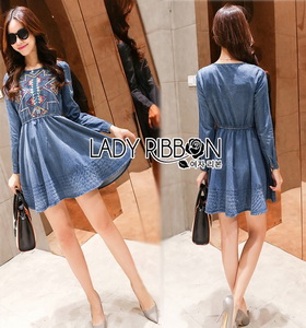 Lady Ribbon Martin Modern Tribal Embroidered Soft Denim Dress