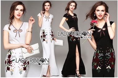 Lady Ribbon Online ขายส่งเสื้อผ้าออนไลน์ของแท้ LR10300616 🎀 Lady Ribbon's Made 🎀 Lady Anne Sexy Elegant Floral Embroidered Polyester Dress