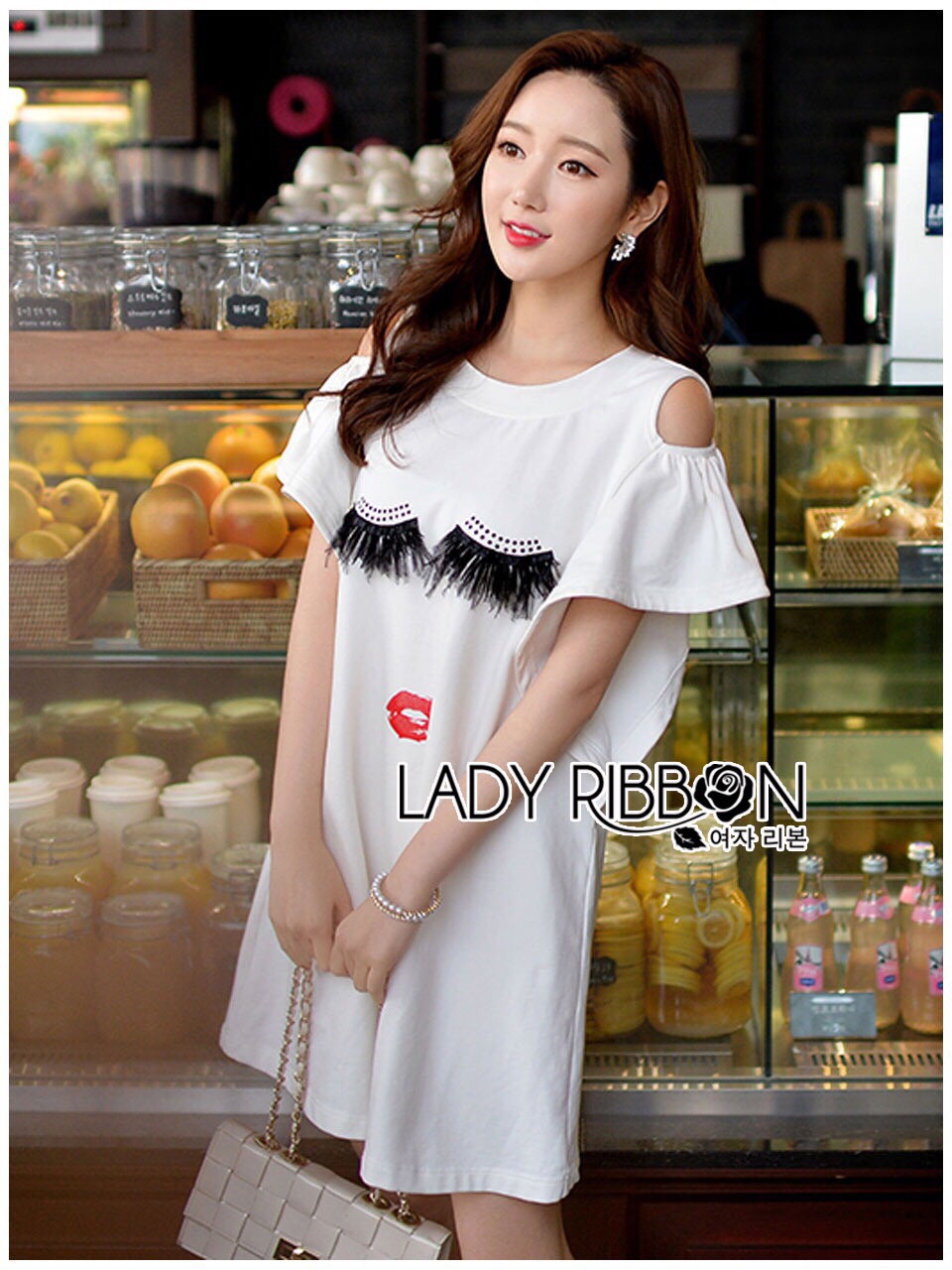 Lady Ribbon ขายส่ง LR04260516 🎀 Lady Ribbon's Made 🎀 Lady Kimberley Ruffle with Feather Lash Embroidered Jersey Cotton Dress