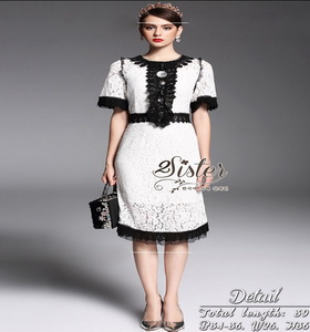 Korea Dress แฟชั่นเดรสลูกไม้ผ้าโทนสีขาว-ดำ งานเกาหลีสไตล์