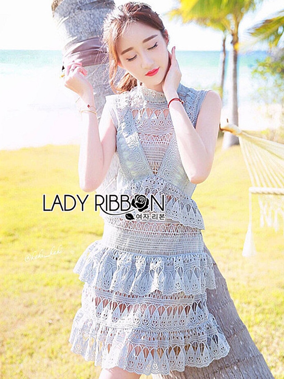 Lady Ribbon เสื้อผ้า LR09120516 🎀 Lady Ribbon's Made 🎀 Lady Abigail Classy Elegant High-Neck Layered Lace Dress in Baby Blue Self-Portrait Dress