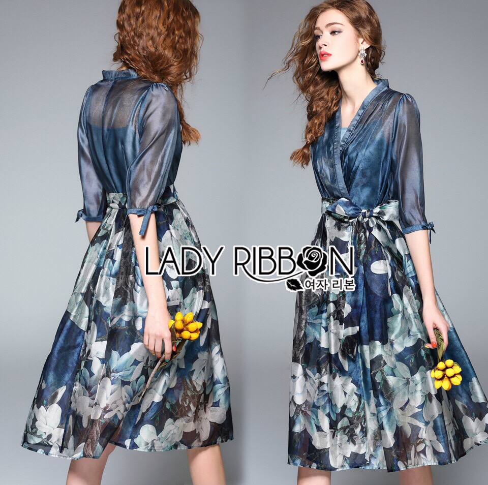 Lady Ribbon ขายส่ง LR08260516 🎀 Lady Ribbon's Made 🎀 Lady Danielle Feminine Elegant Floral Printed Polyester Dress