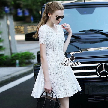 Lady Ribbon Online ขายส่งเสื้อผ้าออนไลน์ ของแท้ พร้อมส่ง LV07140716 🍭Korea Design By Lavida natalie elegant white floral lace beautiful dress