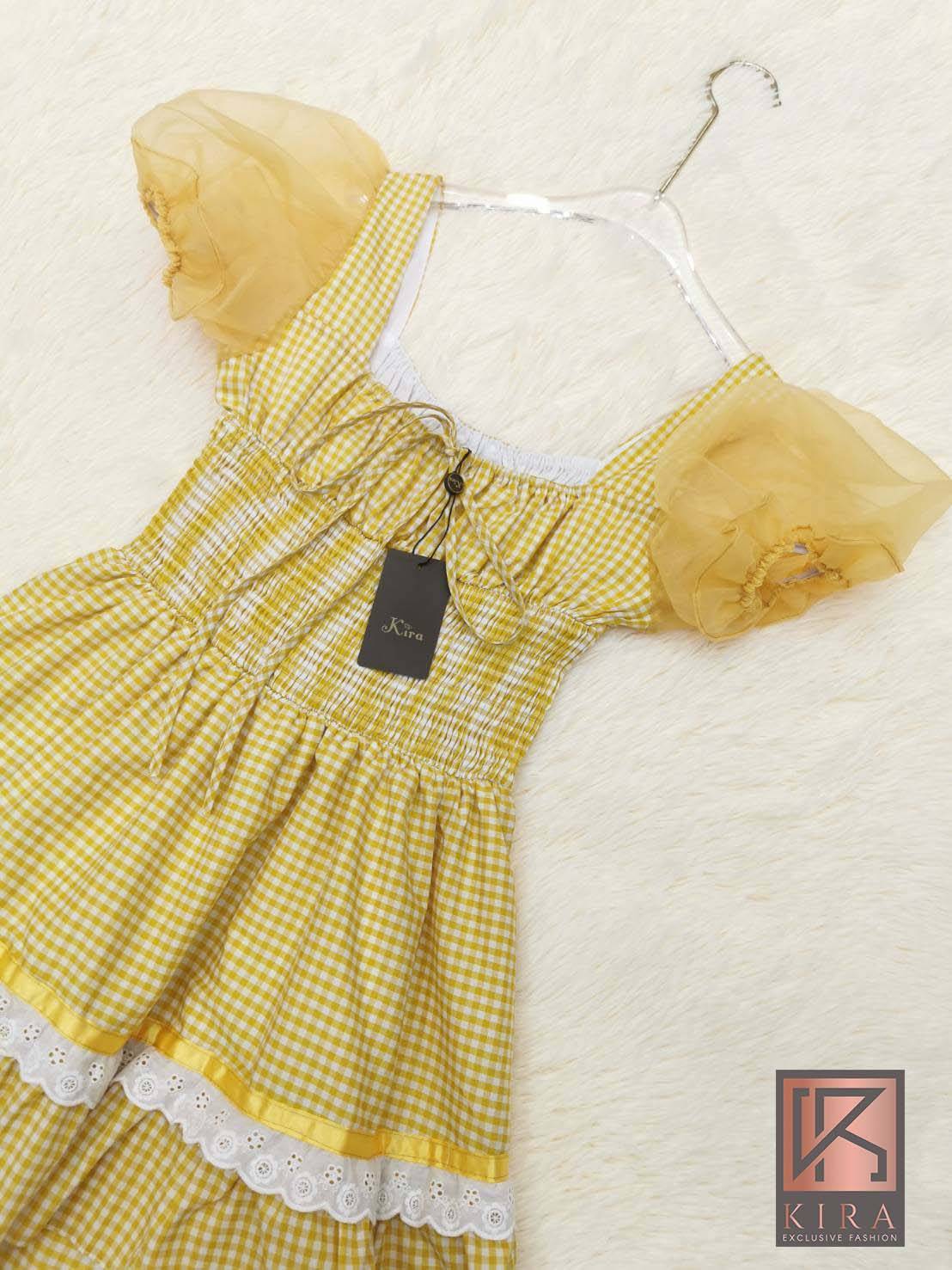 เดรสลายสก็อต แต่งเเขนทรงตุ๊กตา