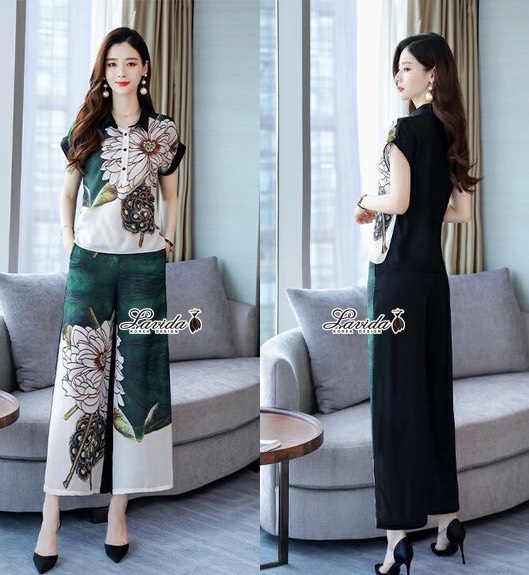 เสื้อกางเกงดีไซน์เสื้อคอปกแต่งกระดุมหน้าครึ่ง