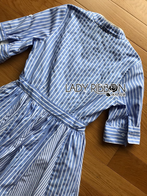 Shirt Dress Lady Ribbon เชิ้ตเดรสลายลายทางสีฟ้า-ขาว