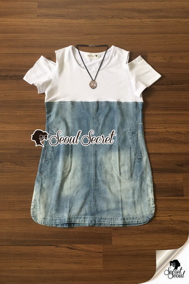 เดรสเสื้อยืดชุดยีนส์เปิดไหล่