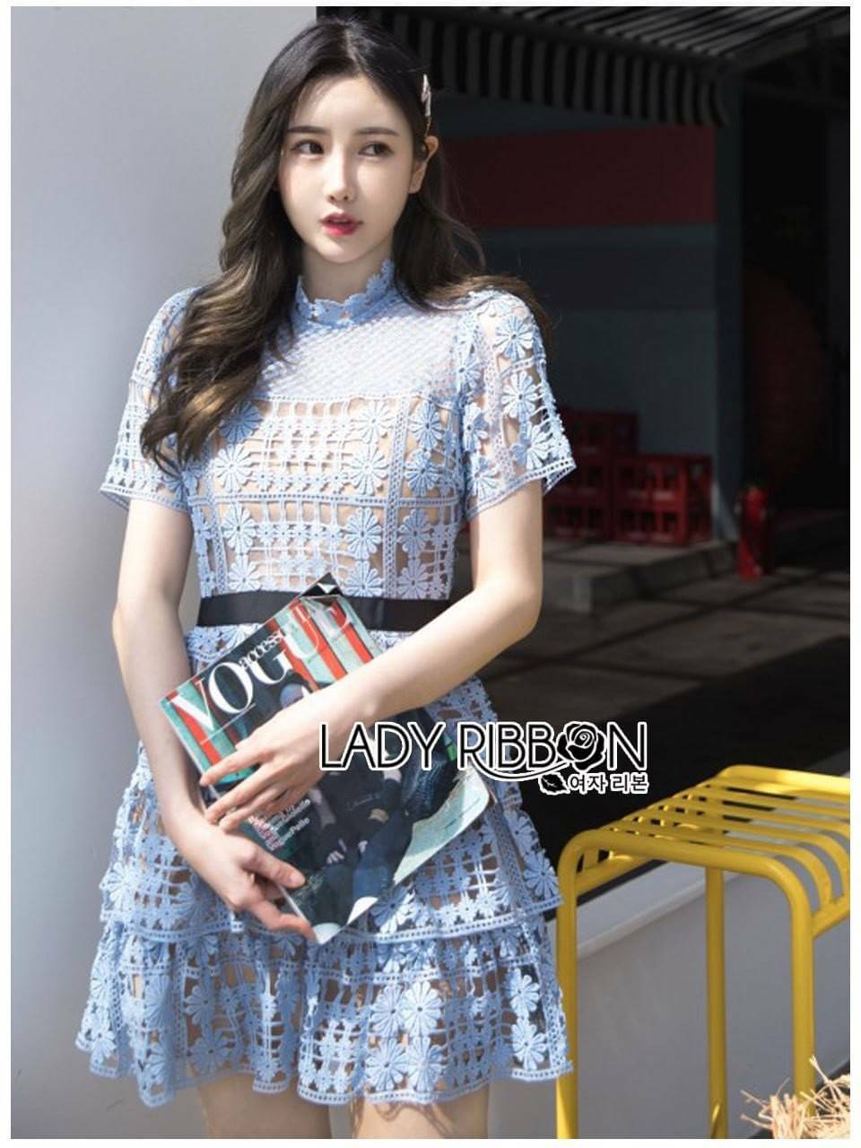 Mini Dress มินิเดรสลูกไม้คอกลมสีฟ้าโทนสโตน