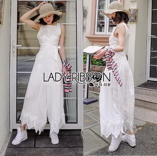 White Cotton and Lace Jumpsuit with Ribbon