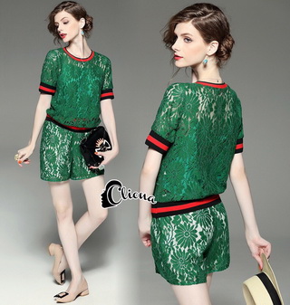 Lady Ribbon Online เสื้อผ้าออนไลน์ขายส่ง Cliona เสื้อผ้า CN06150816 Cliona Made' DG Spring Summer Green Lace Top + Short Set