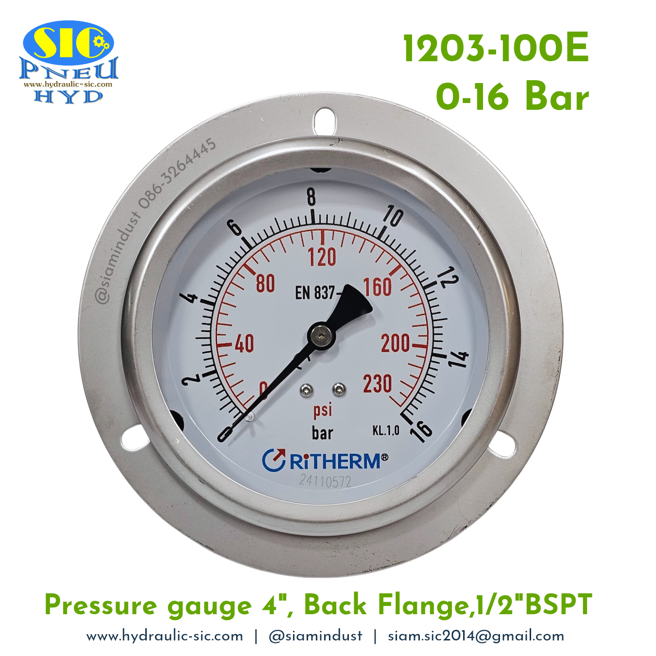 1203-100E Pressure Gauge เกจวัดแรงดันหน้าปัด 4" เกลียว 1/2" BSPT ออกหลังล่าง RiTHERM