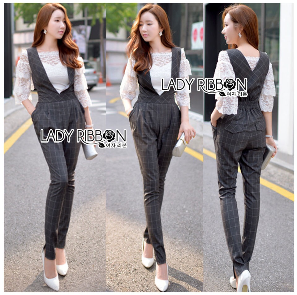 Lady Anna Sweet Minimal Lace and Checked Overall Jumpsuit เอี๋ยมจัมป์สูทขายาวลายตารางพร้อมเสื้อลูกไม้