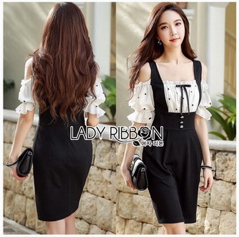 Black and White Dress เดรสสีดำตกแต่งเสื้อเปิดไหล่สีขาว