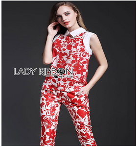 Lady Ribbon Red Floral Printed Collared Top and Pants Set เซ็ตเสื้อและกางเกงขายาว