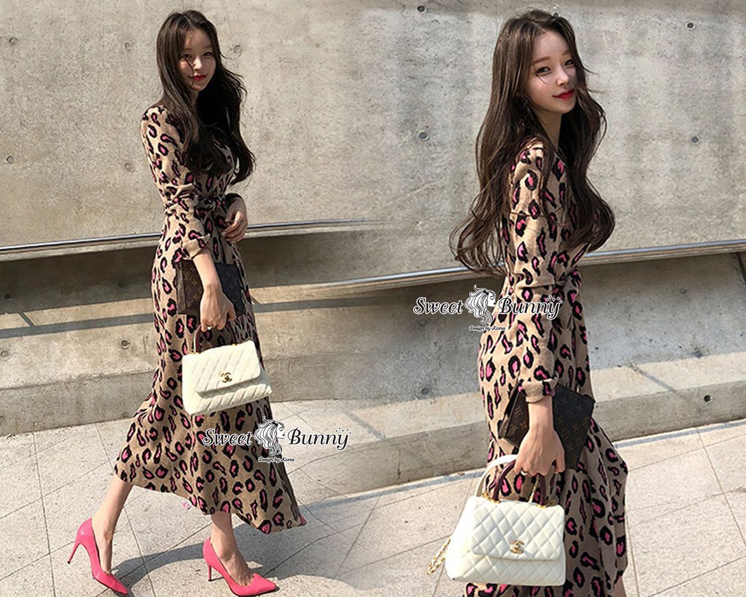 เดรสสีน้ำตาลพิมพ์ลายเสือสีชมพูสวยหวานน่ารัก