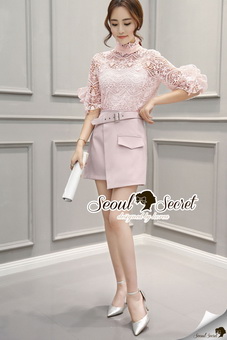 SS07010916 Seoul Secret Say's .... Pastel Pink Lace Belly Sleeve Set Material : เนื้อผ้าลูกไม้ปั