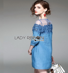 Denim and Lace Lady Ribbon Mini Dress ขายมินิเดรส