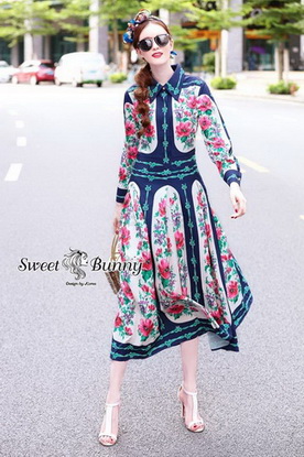 ชุดเดรสยาวผ้านุ่มเดรสเชิ้ตแขนยาว