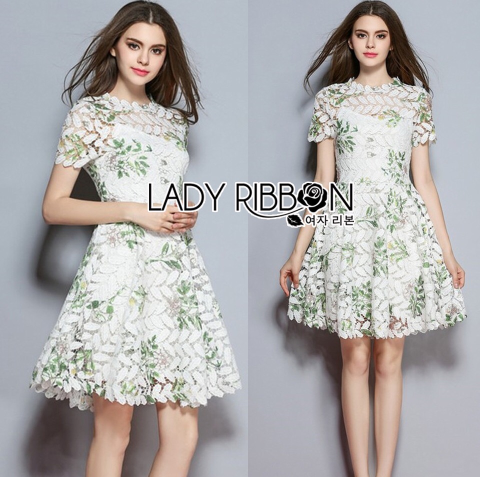 Lady Ribbon Online LR08060616 🎀 Lady Ribbon's Made 🎀 Lady Lizzy Sweet Chic Printed White Lace Mini Dress