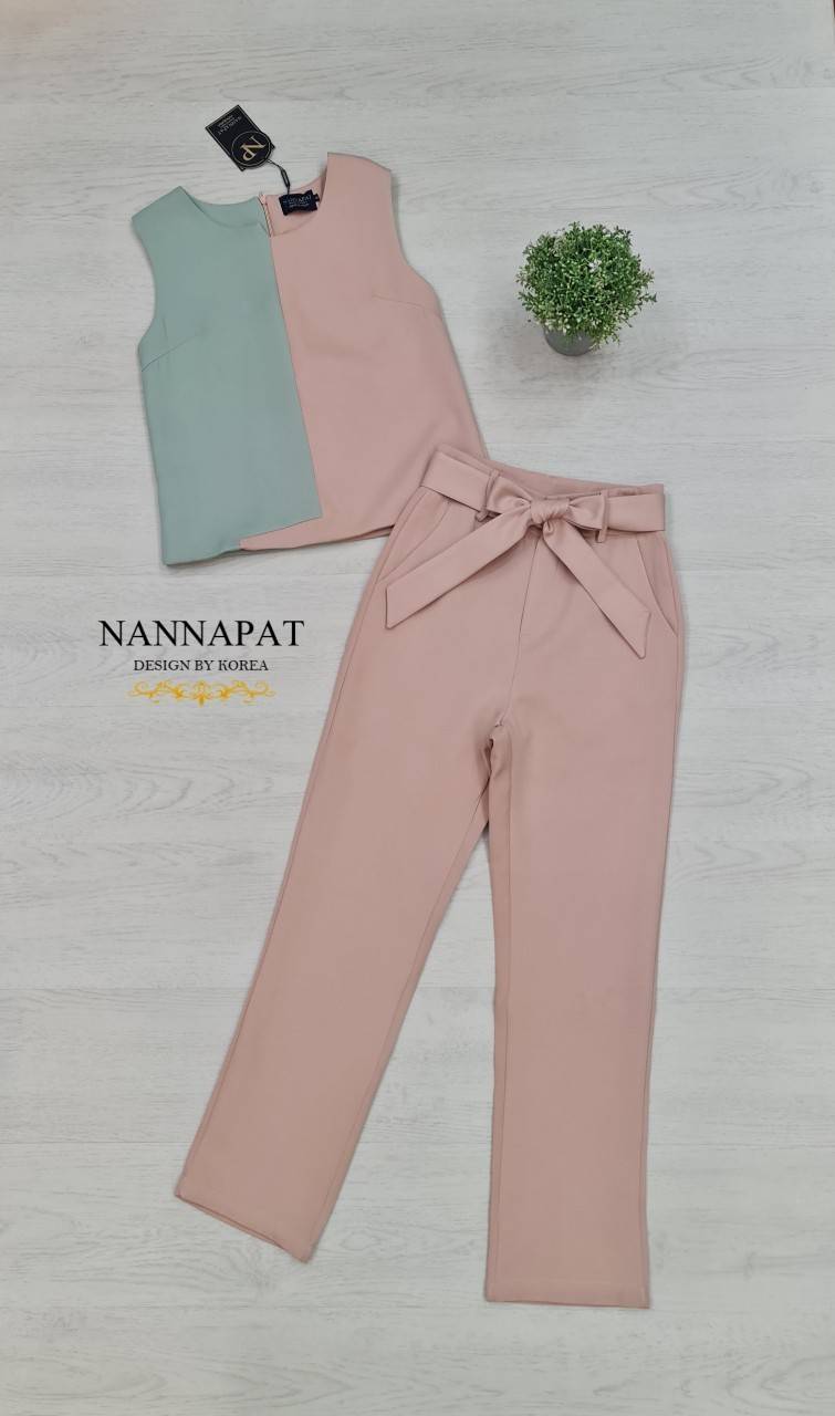 เสื้อทูโทนแขนกุด ซิปหลัง กางเกงเข้ารูป