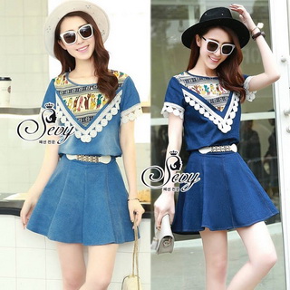Lady Ribbon Online ขายส่งเสื้อผ้าออนไลน์ เสื้อผ้า Sevy SV01030816 🎉Sevy Two Pieces Of Triangle Scarf Denim Sets Type: Blouse+Shorts(Sets) Fabric: Denim+Cotton Detail: