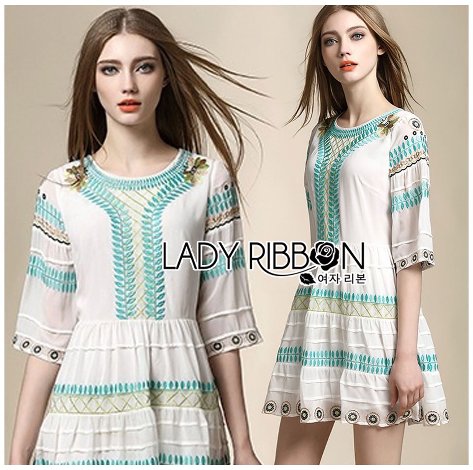 Lady Ribbon Online LR05060616 🎀 Lady Ribbon's Made 🎀 Lady Florence Hippie Chic Floral Embroidered Layered Dress