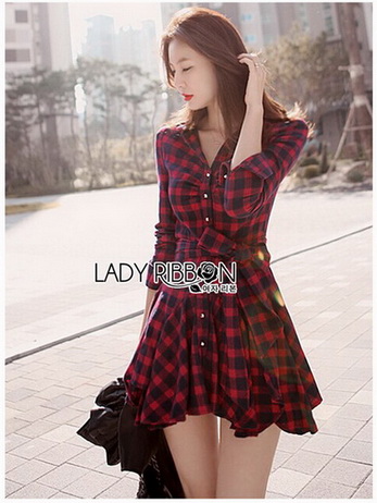 Red Tartan Ruffle Lady Ribbon Shirt Dress