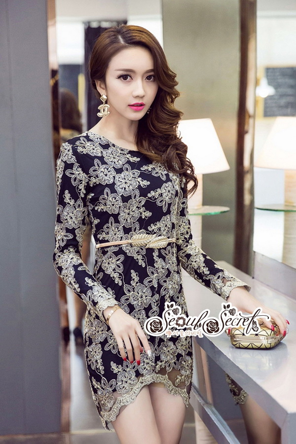 มินิเดรสสวยหรูดูไฮคลาสเดรสทองดำทรงแขนยาว