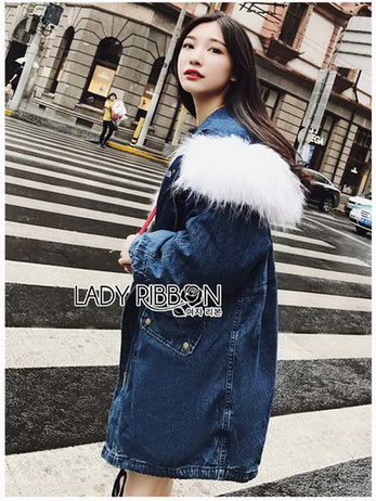 Chic Lady Ribbon Fur-Hood Denim Jacket