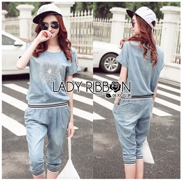 Lady Ribbon Online ขายส่งเสื้อผ้าออนไลน์ของแท้ LR08070716 🎀 Lady Ribbon's Made 🎀 Lady Naomi Street Chic Embroidered and Studded Denim Set