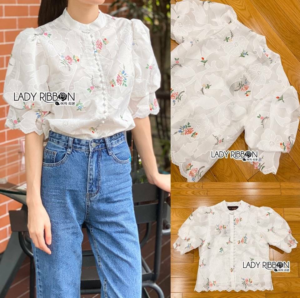เสื้อแฟชั่นผ้าออแกนซ่าสีขาวลายดอก