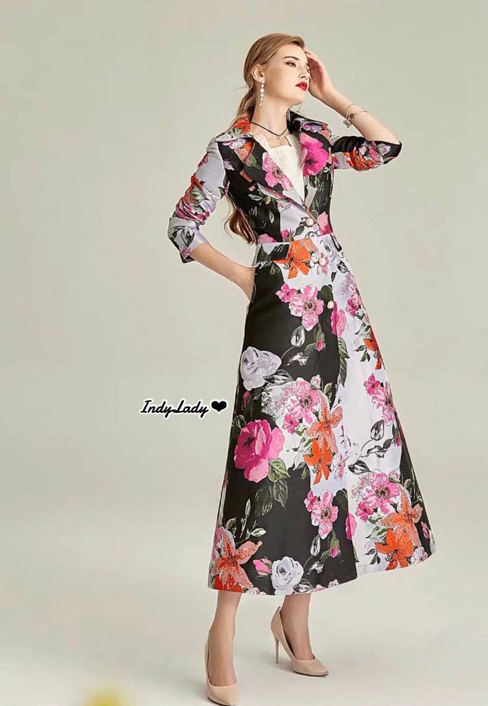 Dress คอปกแขนยาวทอลายดอกไม้