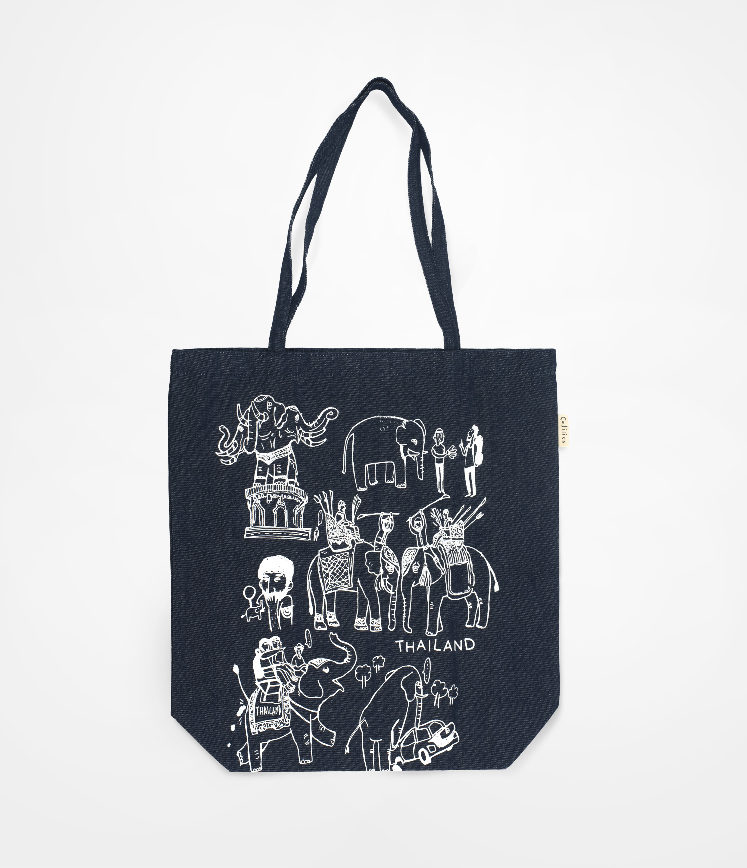 caliiicoกระเป๋าสะพายผ้ายีนส์ ลายไทยแลนด์ Tote bag denim fabric print with Thai Elephant