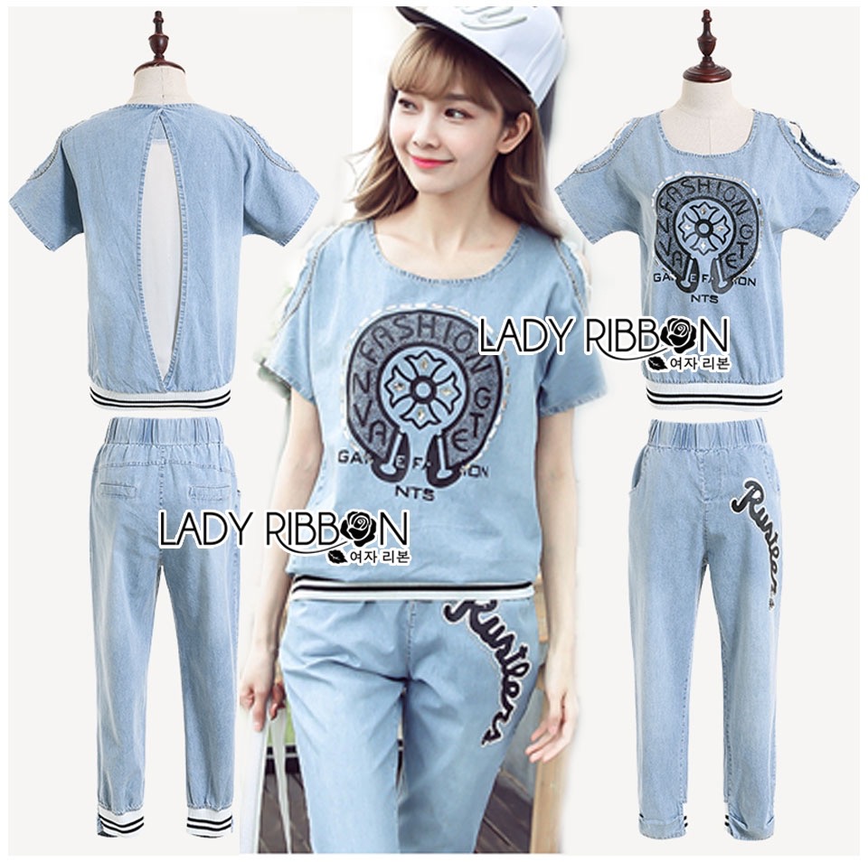 🎀 Lady Ribbon's Made 🎀 ขายส่ง Lady Joclyn Street Sporty Chic Embellished Denim Set ขายเซ็ตเสื้อและกางเกง