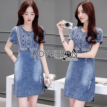 Lady Ribbon Online ขายส่งเสื้อผ้าออนไลน์ของแท้ LR02070716 🎀 Lady Ribbon's Made 🎀 Lady Andrea Tribal Embroidered Denim Mini Dress
