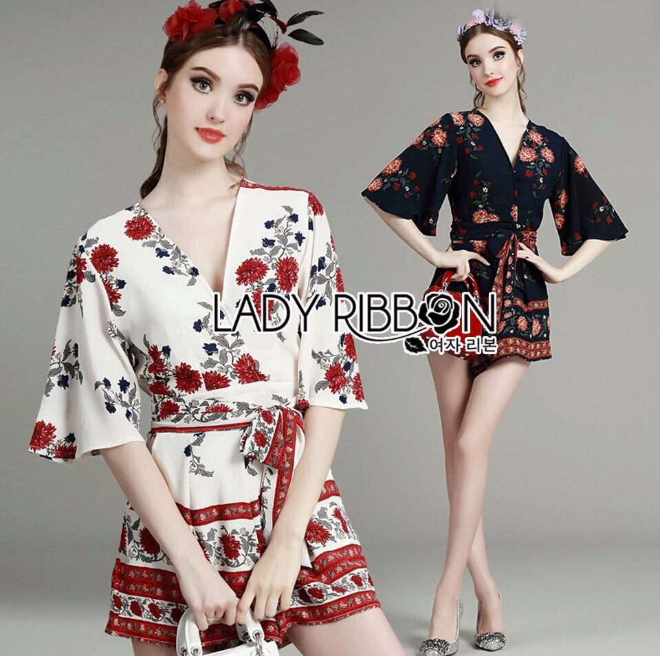 Lady Ribbon Online เสื้อผ้าออนไลน์ LR16160616 🎀 Lady Ribbon's Made 🎀 Lady Kim Spring Floral Printed Viscose Playsuit
